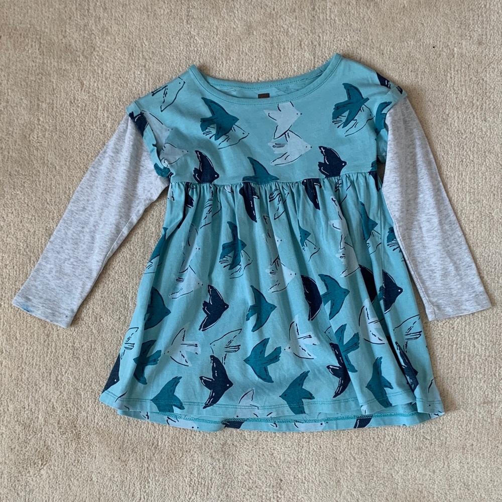 Tea Collection Teal & Navy Bird Print Long-Sleeve dress